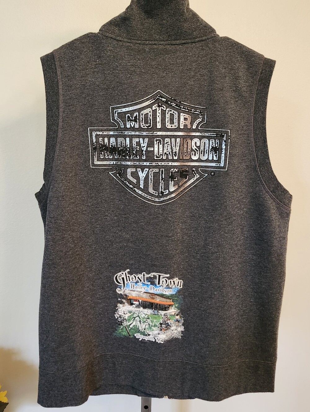 Vtg Harley Davidson Gray Vest Sz XXL Ghost Town Waynesville NC Biker Y2K 2000s